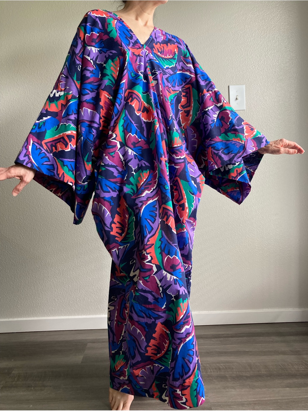 Caftan Summer By Elizabeth Dye Leaf Print V Neck Kaftan Maxi Dress Boho Sz Xl